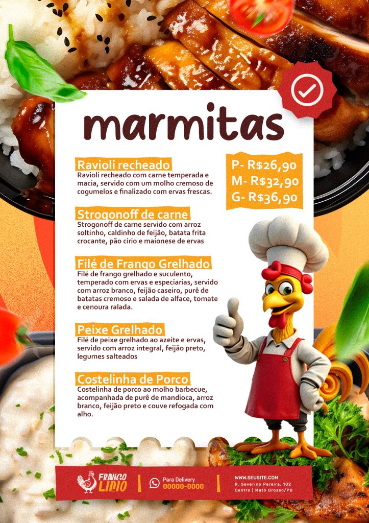 Cardápio Marmitas tema do Galo