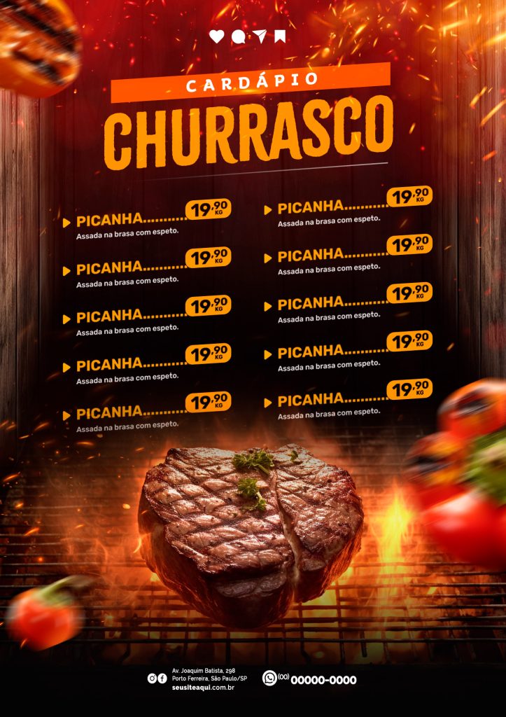 Cardápio Editável de Churrasco - Tema Chamas - Personalize para seu Negócio